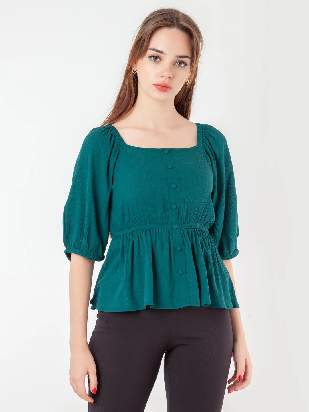 Green Solid Peplum Top