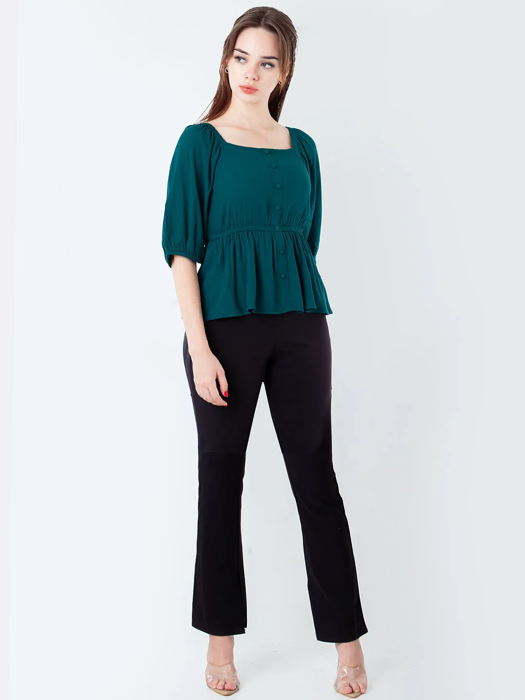 Green Solid Peplum Top