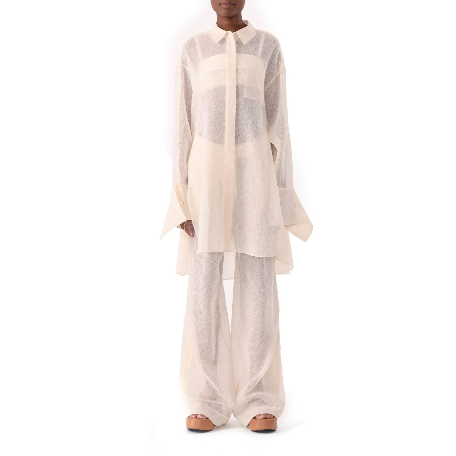 HIGH RISE PLEAT FRONT STRAIGHT LEG GAUZE PANT WITH