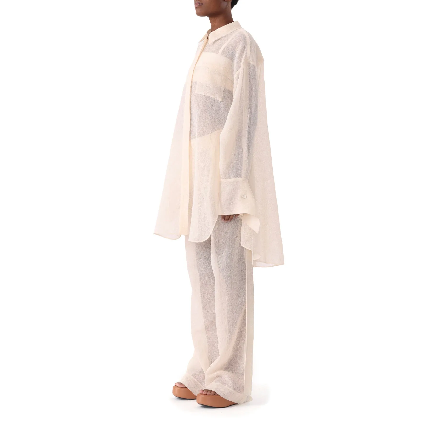 HIGH RISE PLEAT FRONT STRAIGHT LEG GAUZE PANT WITH