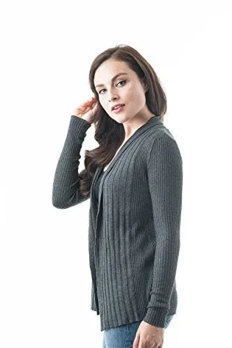 Khanomak Women's Plain Long Ribbed Open Front Long Sleeve Knit Cardigan Sweater