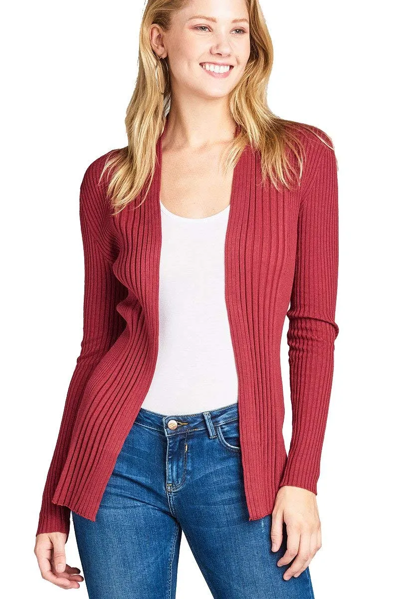 Khanomak Women's Plain Long Ribbed Open Front Long Sleeve Knit Cardigan Sweater