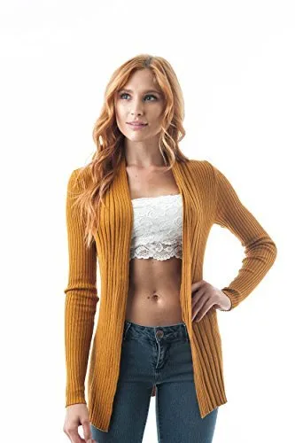 Khanomak Women's Plain Long Ribbed Open Front Long Sleeve Knit Cardigan Sweater
