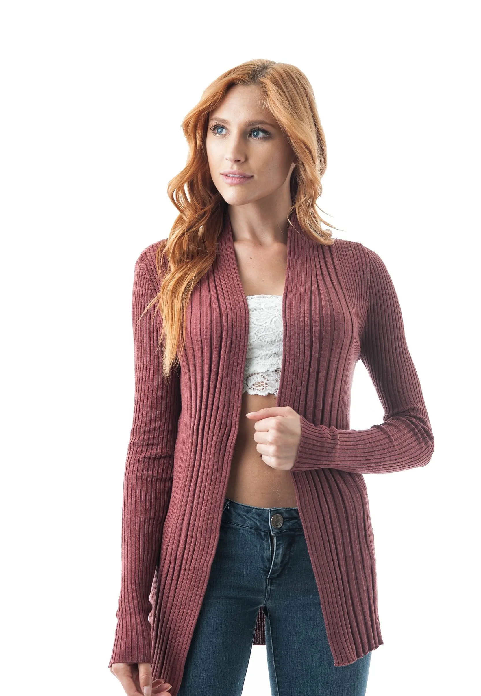 Khanomak Women's Plain Long Ribbed Open Front Long Sleeve Knit Cardigan Sweater
