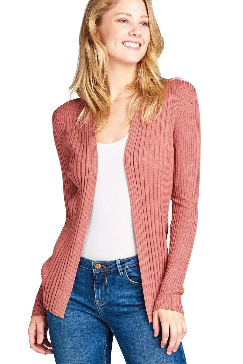 Khanomak Women's Plain Long Ribbed Open Front Long Sleeve Knit Cardigan Sweater