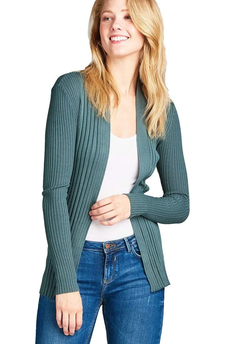 Khanomak Women's Plain Long Ribbed Open Front Long Sleeve Knit Cardigan Sweater