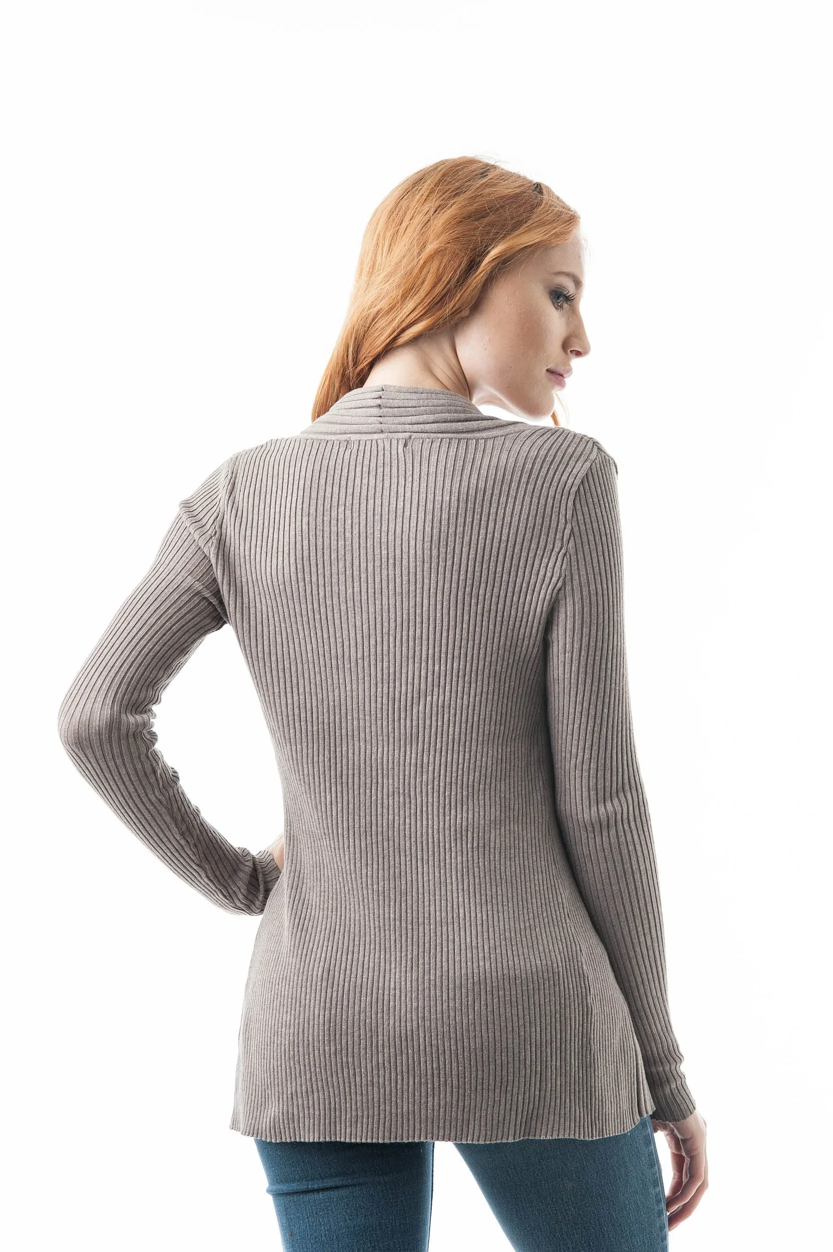 Khanomak Women's Plain Long Ribbed Open Front Long Sleeve Knit Cardigan Sweater