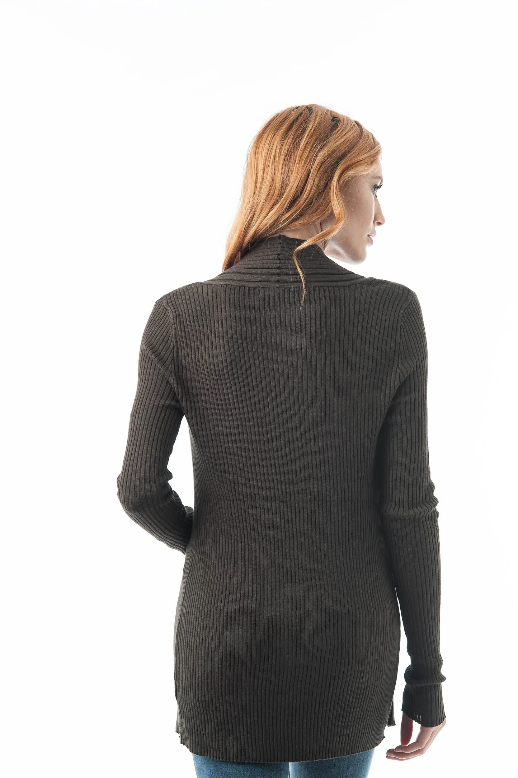 Khanomak Women's Plain Long Ribbed Open Front Long Sleeve Knit Cardigan Sweater