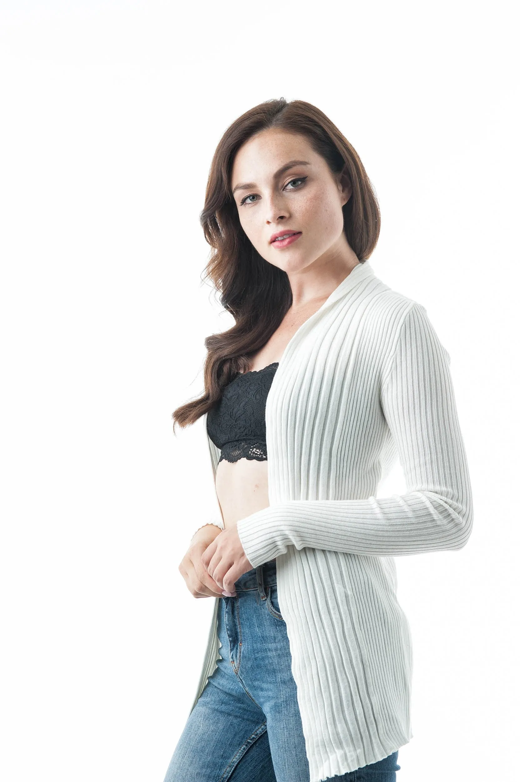 Khanomak Women's Plain Long Ribbed Open Front Long Sleeve Knit Cardigan Sweater