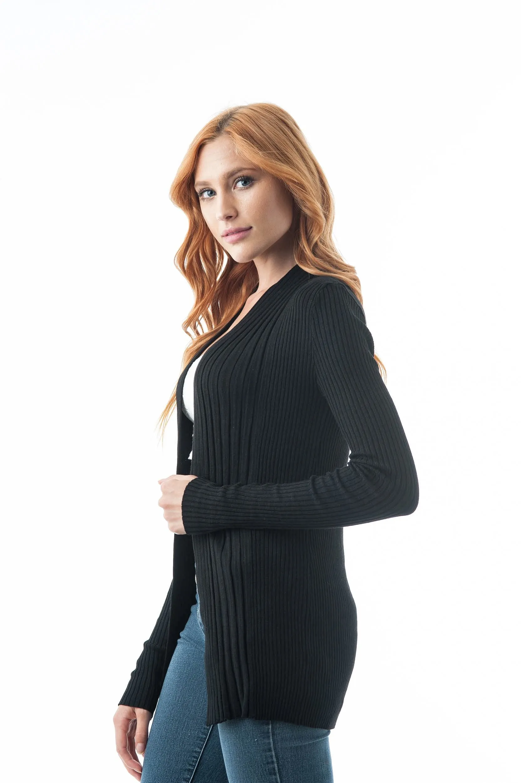 Khanomak Women's Plain Long Ribbed Open Front Long Sleeve Knit Cardigan Sweater