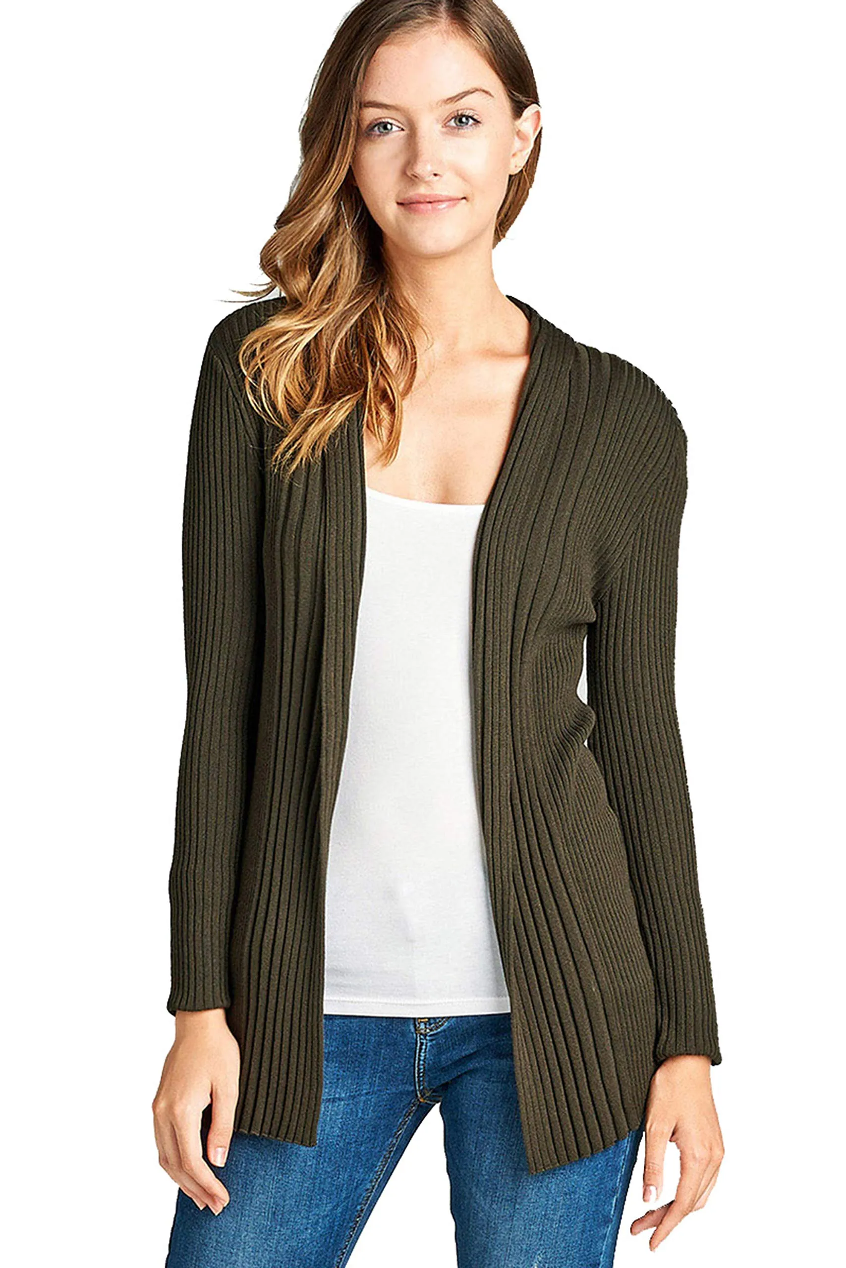 Khanomak Women's Plain Long Ribbed Open Front Long Sleeve Knit Cardigan Sweater