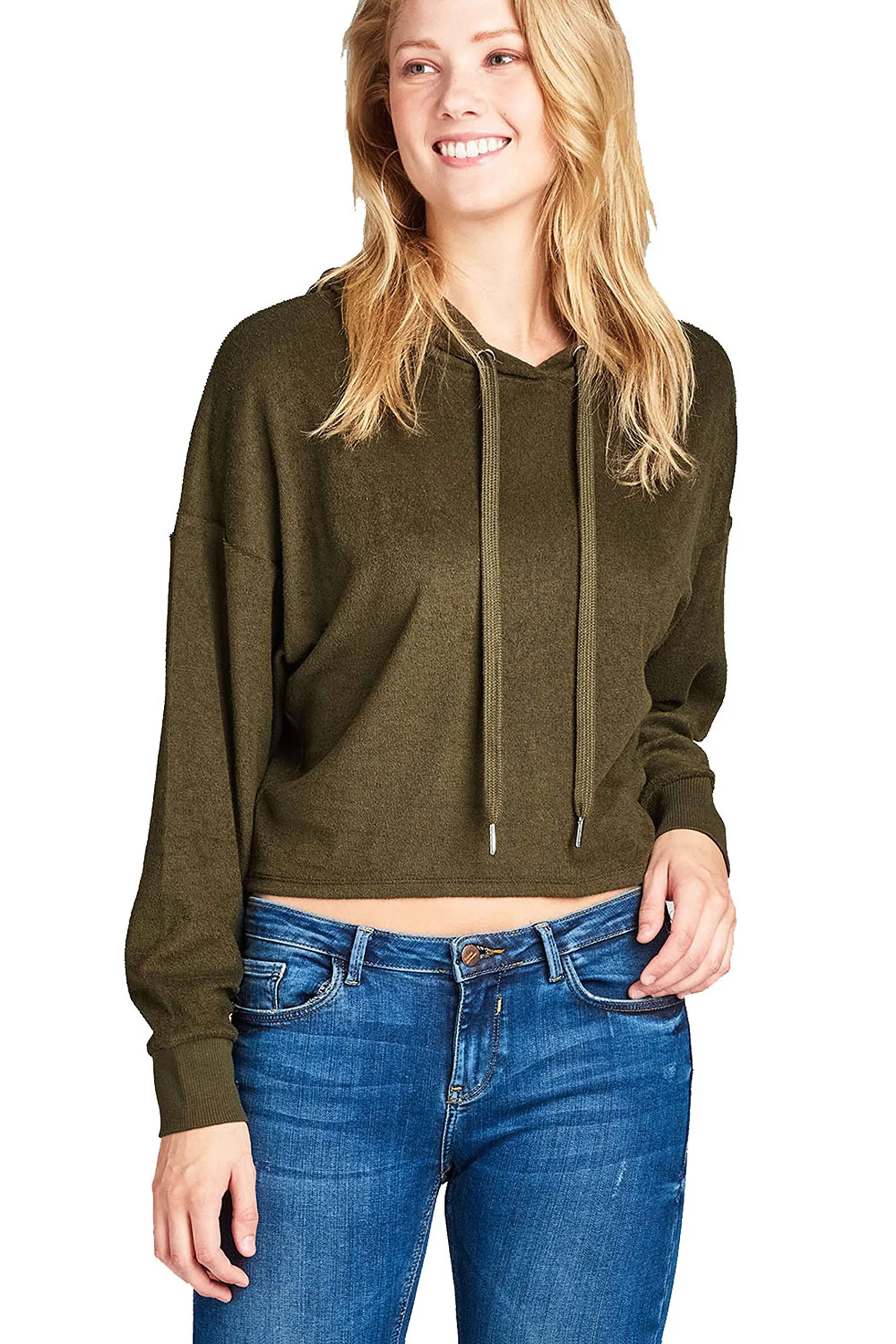 Khanomak Women's Textured Hooded Neck Cropped Loose Fit Sweatshirt