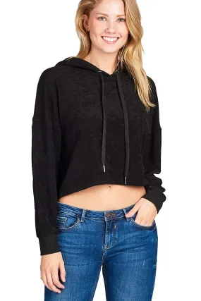 Khanomak Women's Textured Hooded Neck Cropped Loose Fit Sweatshirt