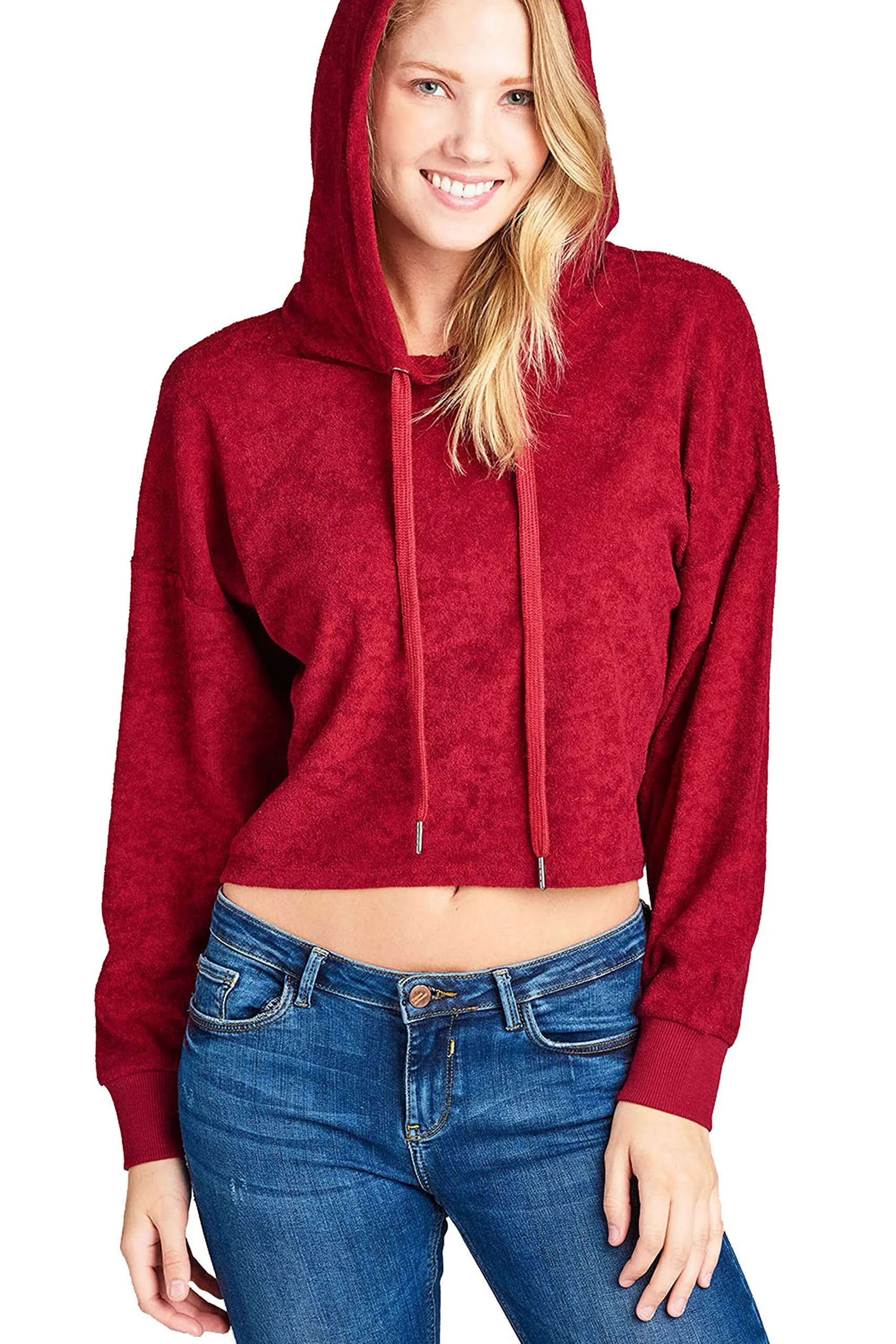 Khanomak Women's Textured Hooded Neck Cropped Loose Fit Sweatshirt
