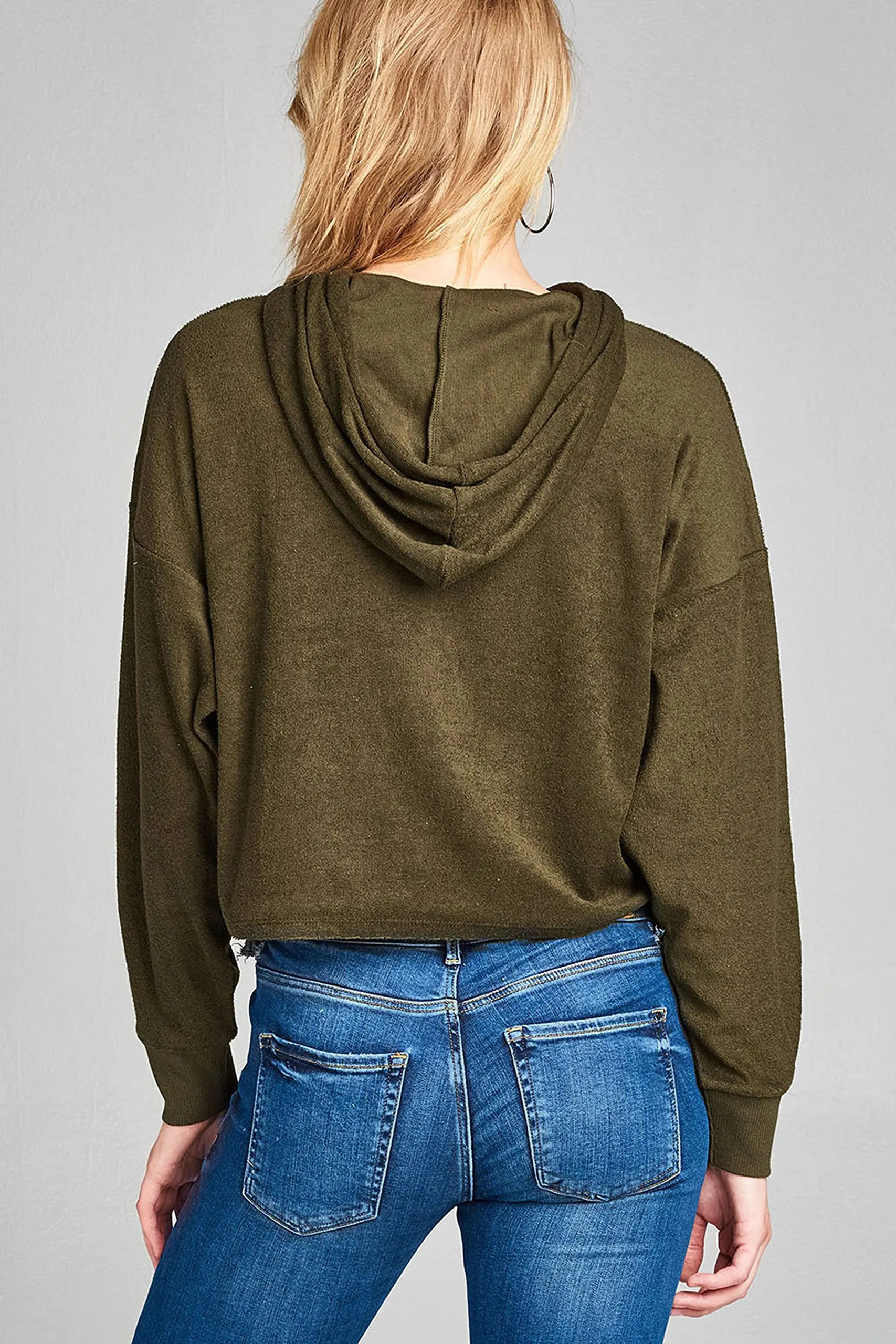 Khanomak Women's Textured Hooded Neck Cropped Loose Fit Sweatshirt