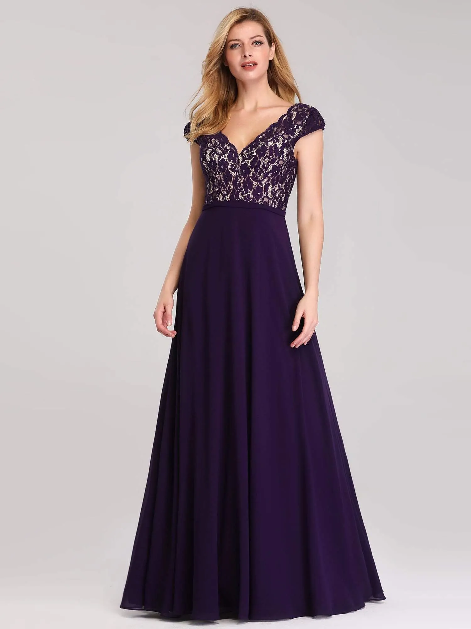 Maxi Long Evening Dresses for Women with Lace Cap Sleeves