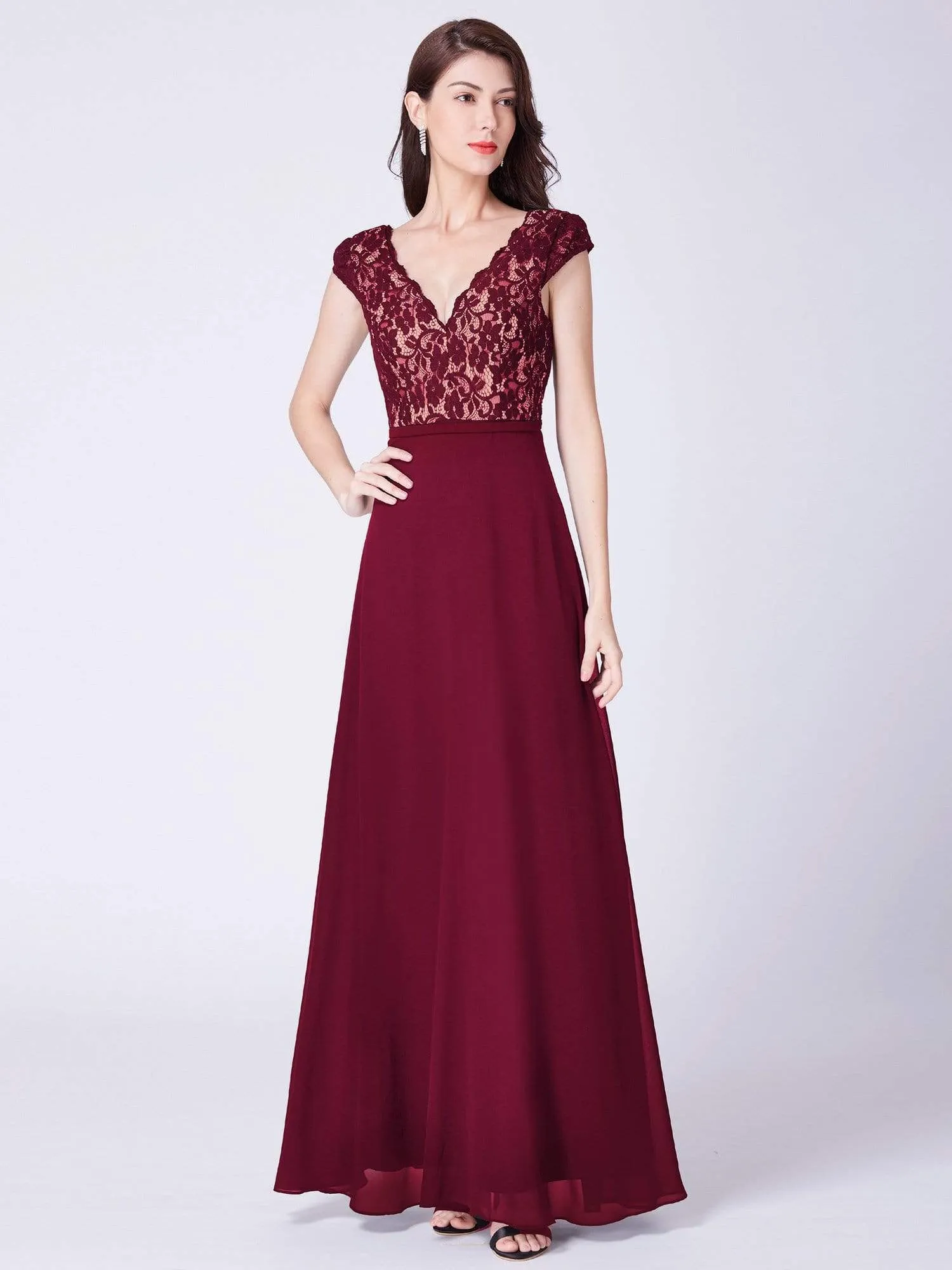 Maxi Long Evening Dresses for Women with Lace Cap Sleeves