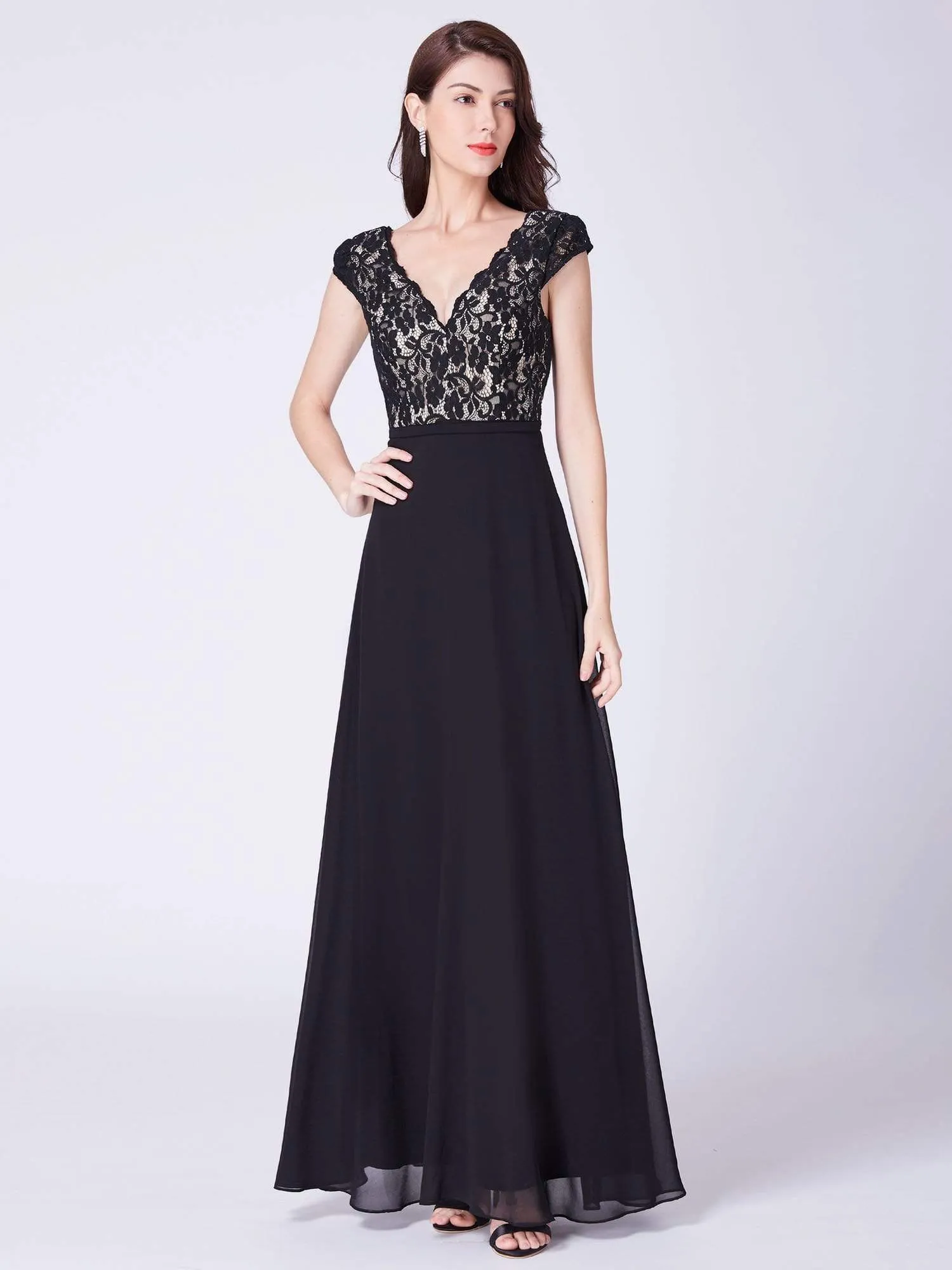 Maxi Long Evening Dresses for Women with Lace Cap Sleeves
