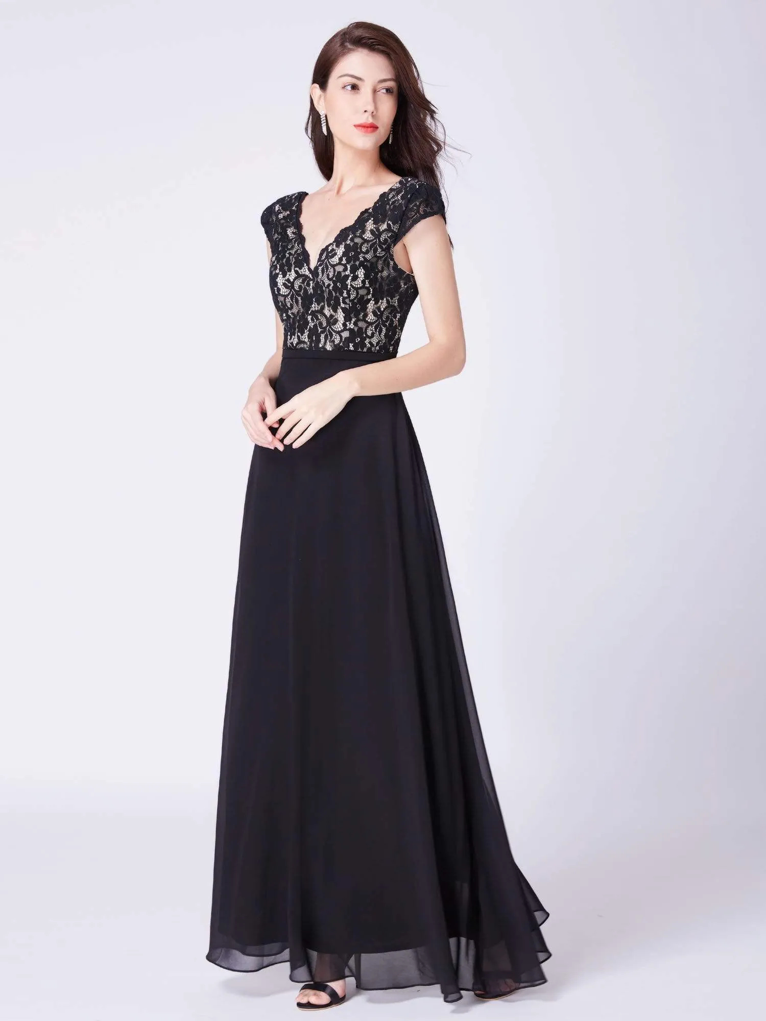 Maxi Long Evening Dresses for Women with Lace Cap Sleeves