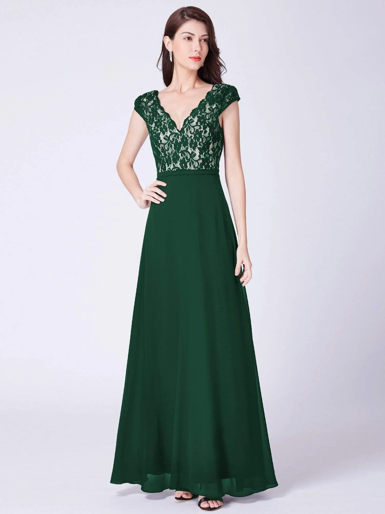 Maxi Long Evening Dresses for Women with Lace Cap Sleeves