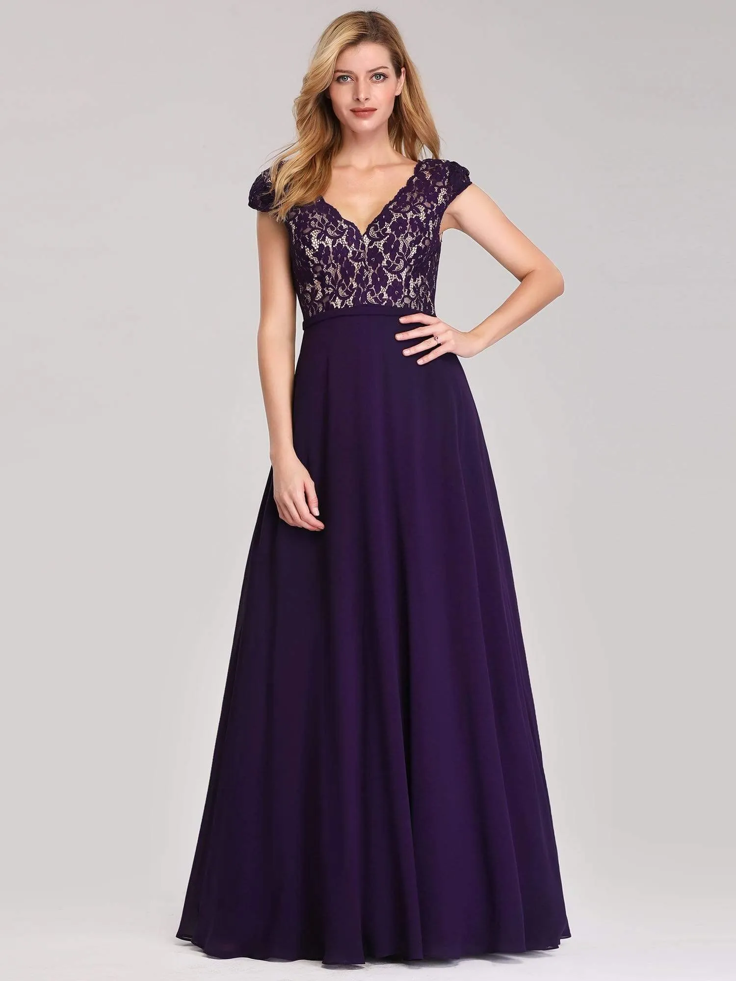 Maxi Long Evening Dresses for Women with Lace Cap Sleeves