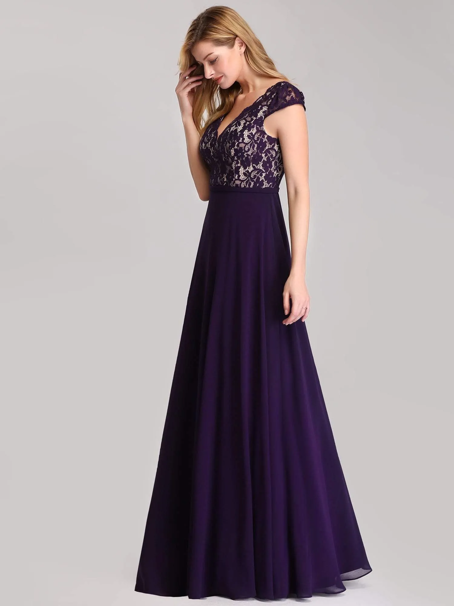 Maxi Long Evening Dresses for Women with Lace Cap Sleeves
