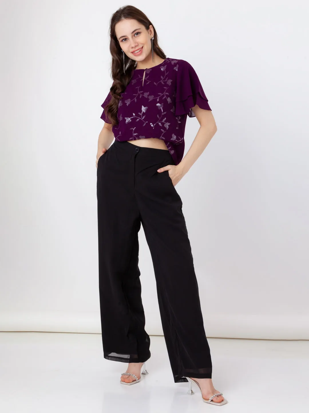 Purple Embroidered Regular Top