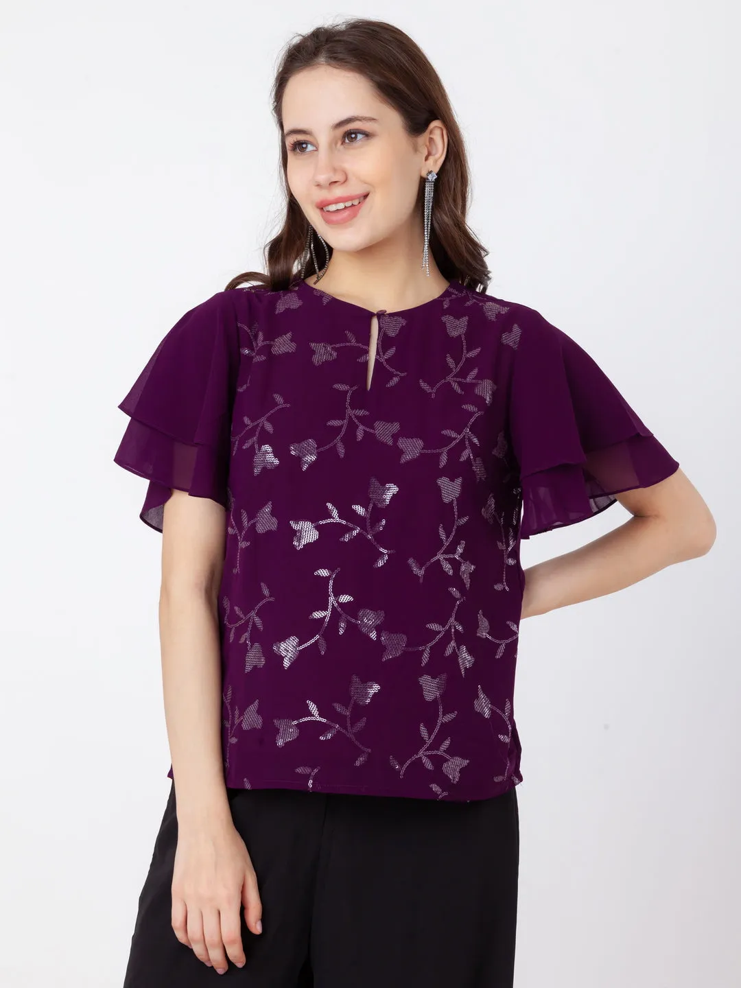 Purple Embroidered Regular Top