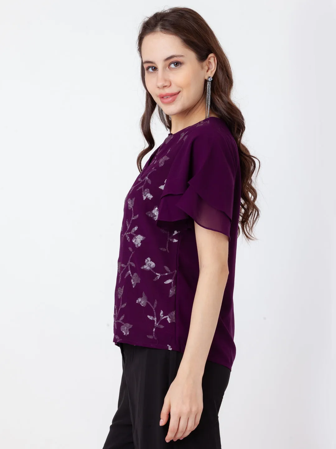 Purple Embroidered Regular Top