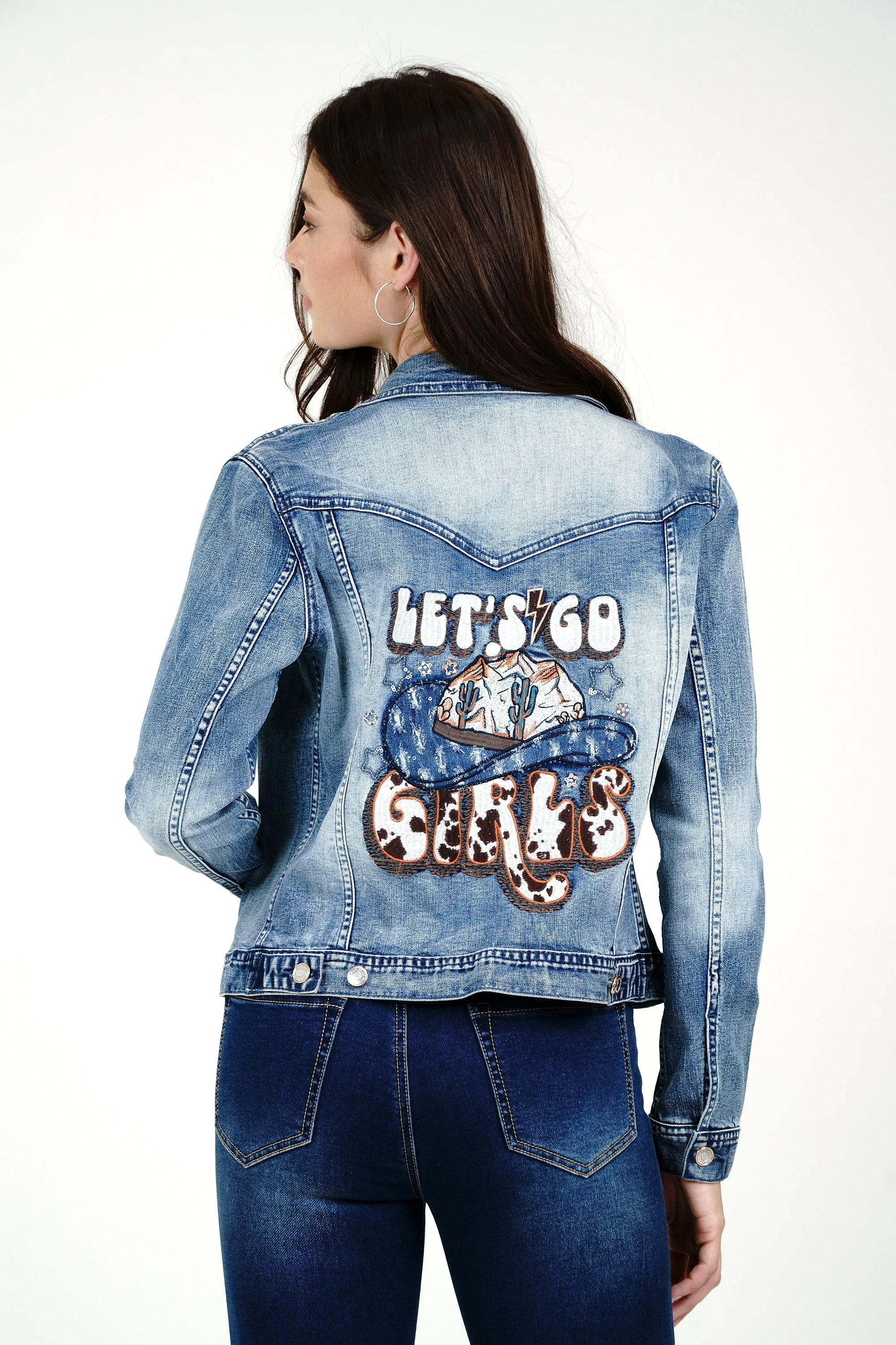 "Let's Go" Embroidered Women's Denim Jacket (Light Blue)
