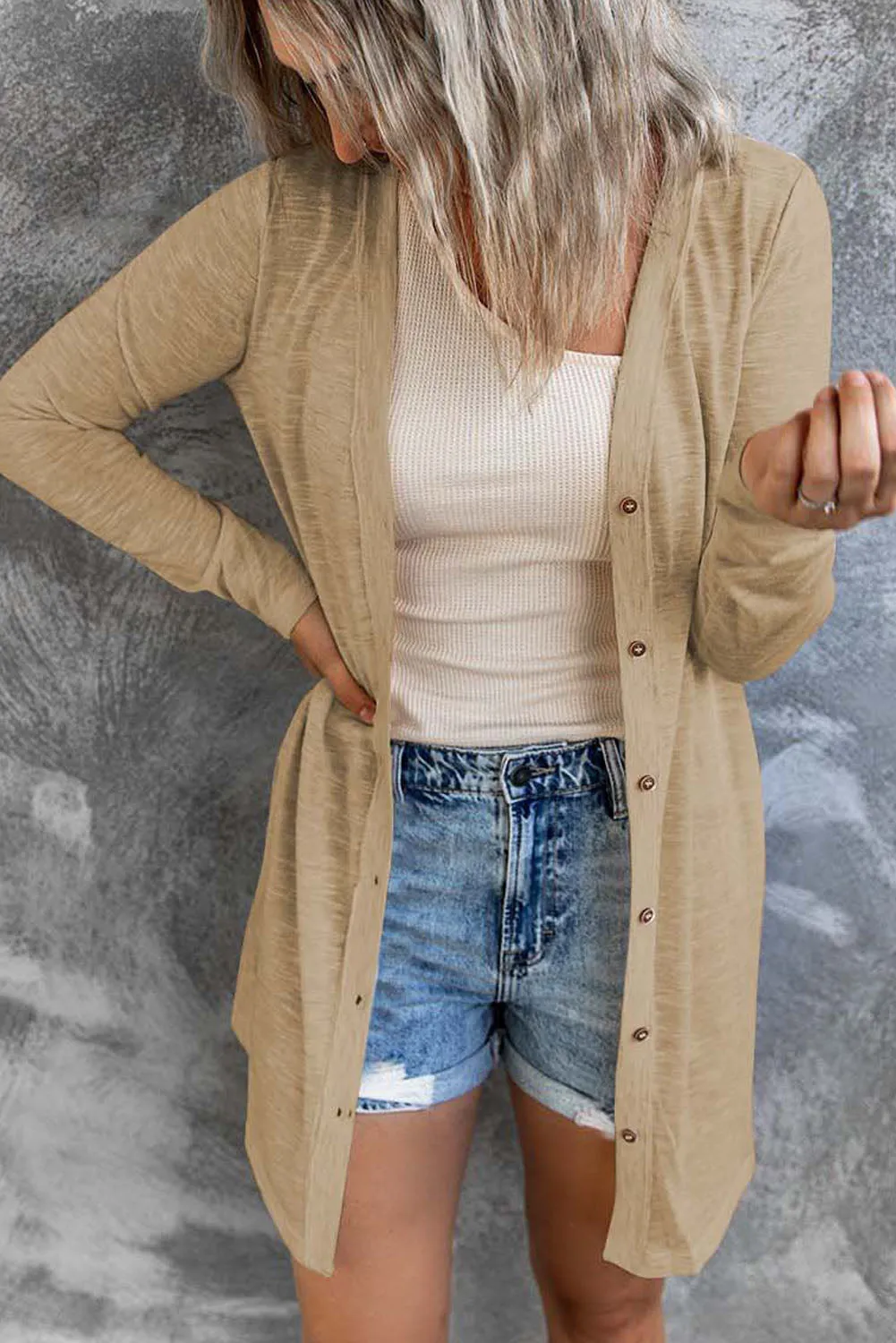 Solid Color Open-Front Buttons Brown Cardigan