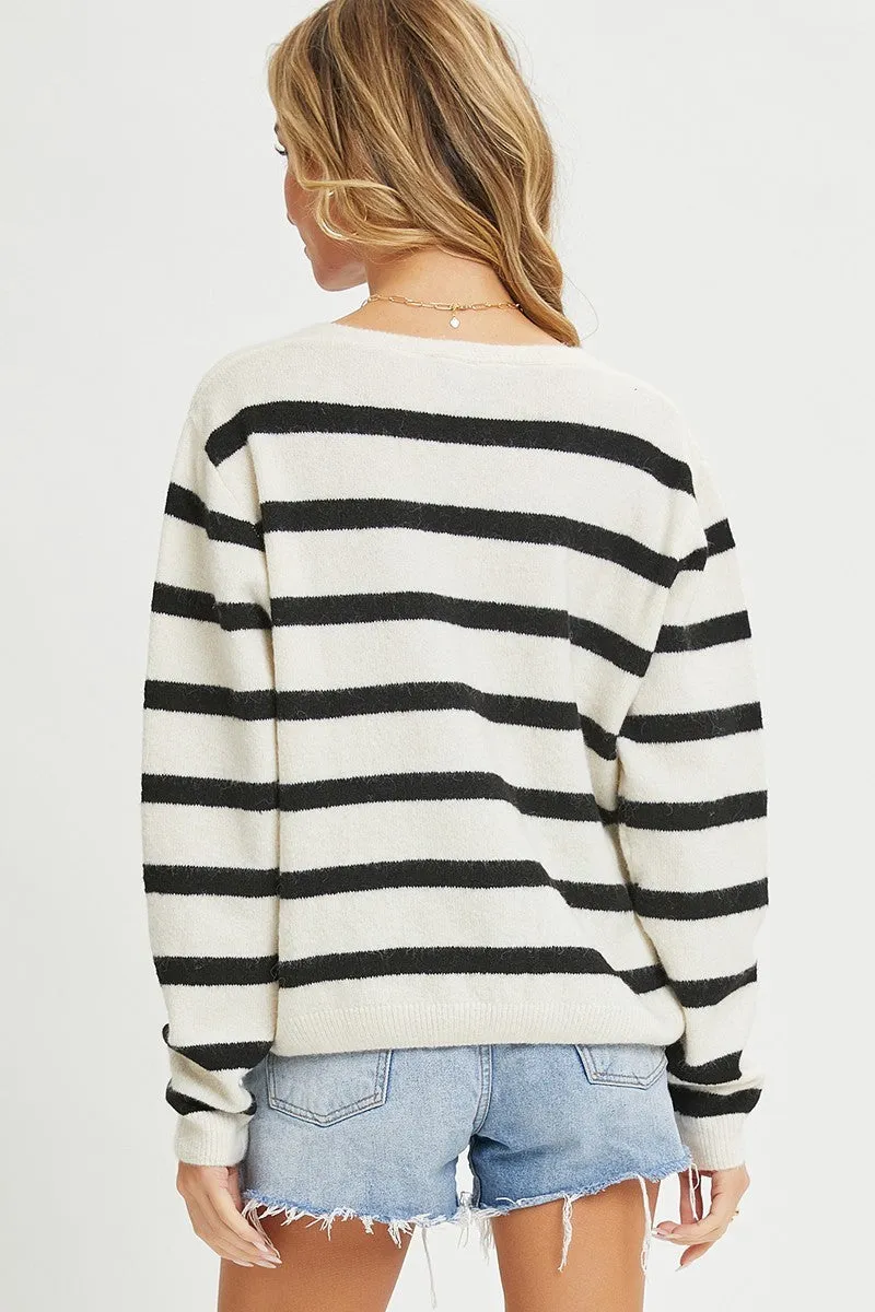 Striped Oatmeal and Black Cardigan With Heart Patch