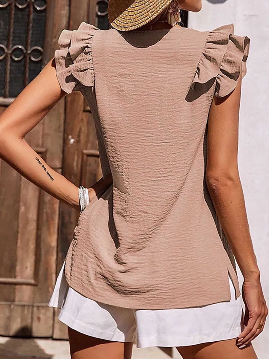 Stunncal Casual V-Neck Ruffle Sleeveless Shirt (5 Colors)