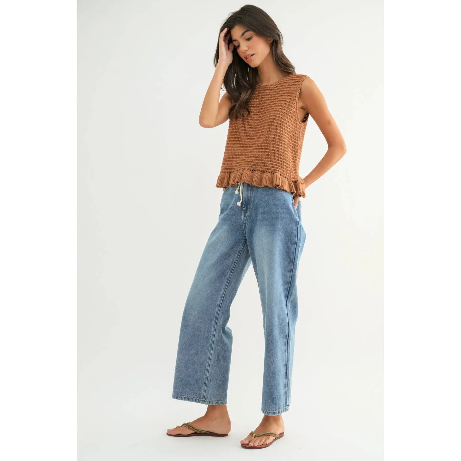 TEXTURED RUFFLE HEM SWEATER TANK TOP