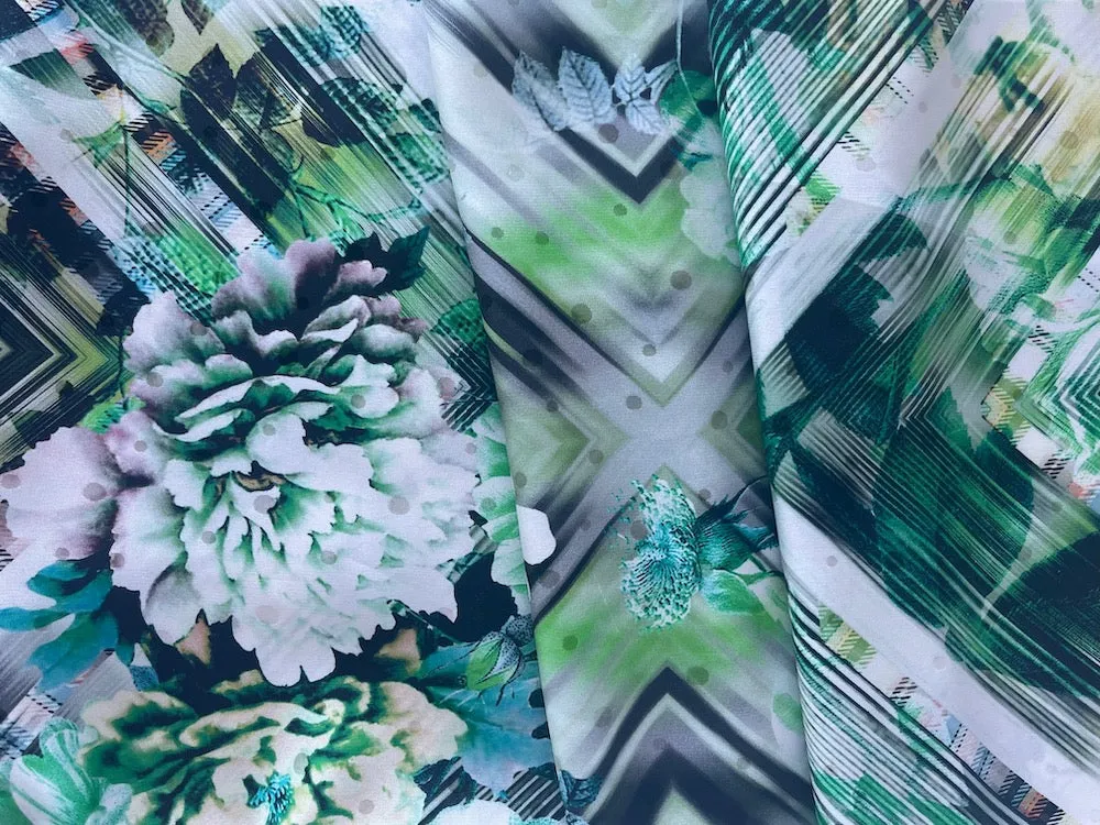 Ungaro Selvedged Grass Green Op Art Wild Roses Matte Silk Jacquard Charmeuse (Made in Italy)