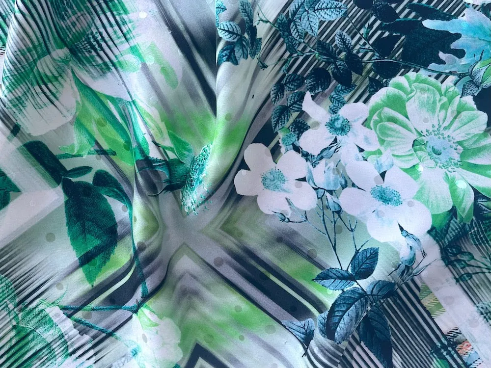 Ungaro Selvedged Grass Green Op Art Wild Roses Matte Silk Jacquard Charmeuse (Made in Italy)