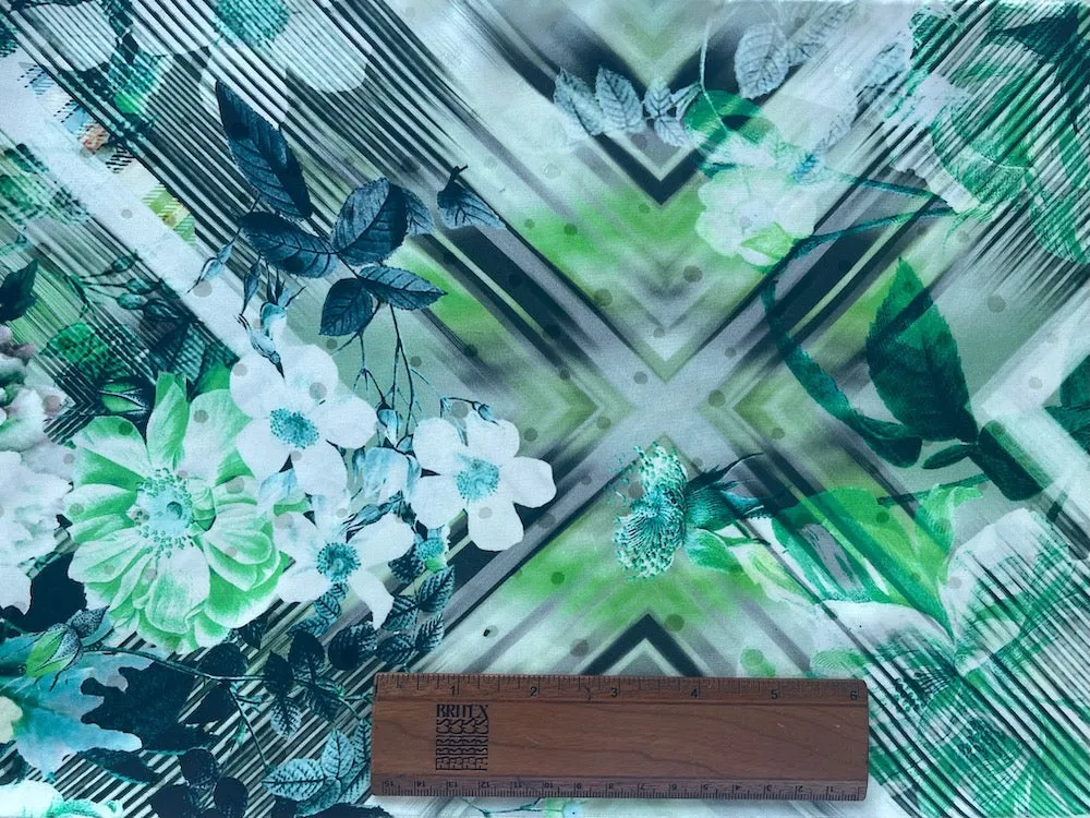 Ungaro Selvedged Grass Green Op Art Wild Roses Matte Silk Jacquard Charmeuse (Made in Italy)