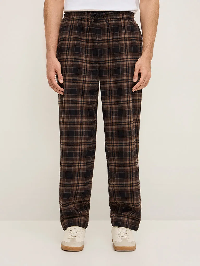 WES Lounge Dark Brown Checks Design Mid-Rise Relaxed-Fit Cotton Pants