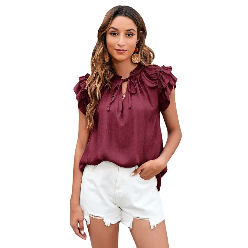 Women's Summer Loose Solid Color Ruffle Sleeve Blouses